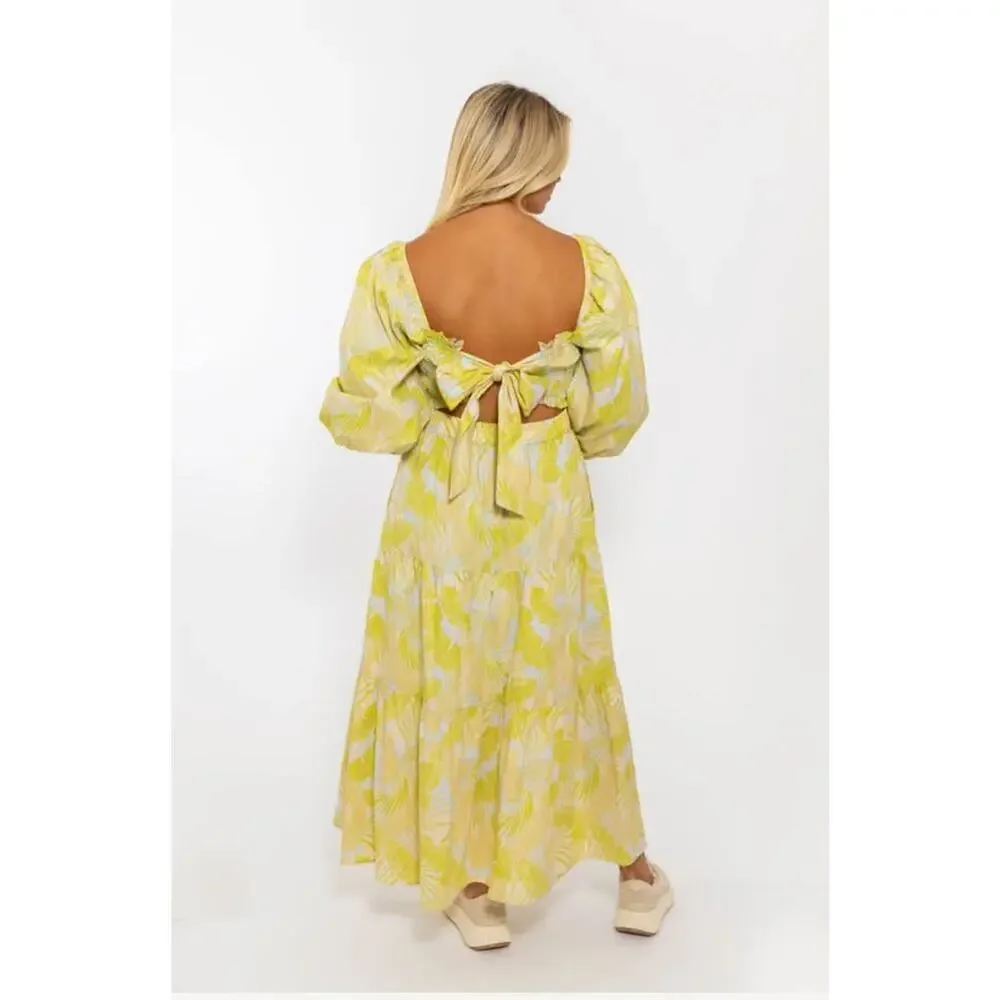 Karlie Women’s Large Tropical Leaf Poplin Smock Puff Sleeve Maxi Dress